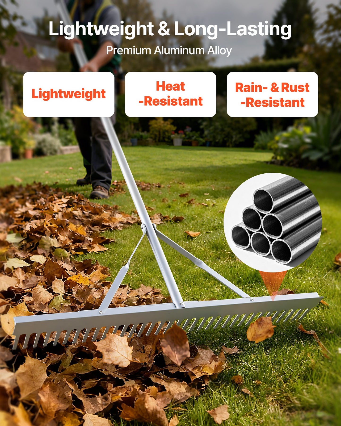 Landscape Rake, 36 inch Wide Head 133 inch Handle, Large Heavy Duty Aluminum Landscaping Leaf Rake Tool, Asphalt Level for Loosening Soil, Garden & Yard, Pond Gravel & Beach Lawn Care, 52ft Rope