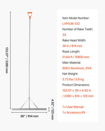 Landscape Rake, 36 inch Wide Head 133 inch Handle, Large Heavy Duty Aluminum Landscaping Leaf Rake Tool, Asphalt Level for Loosening Soil, Garden & Yard, Pond Gravel & Beach Lawn Care, 52ft Rope