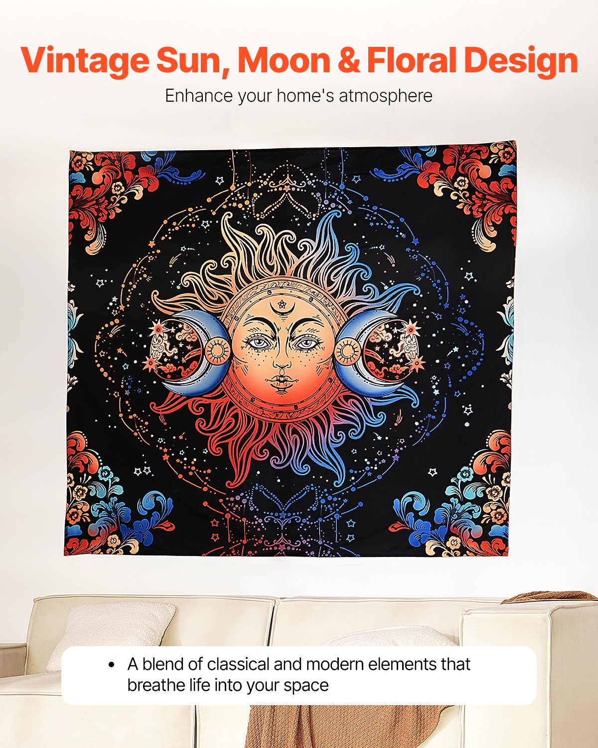 Sun and Moon Tapestry, Psychedelic Mystic Floral Aesthetic Wall Tapestry, Vintage Wall Blanket for Home Decoration, Suitable for Bedroom, Living Room, Dorm (50.39 x 57.87 inches)