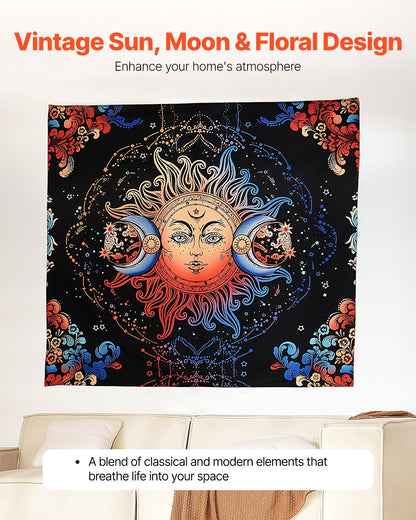 Sun and Moon Tapestry, Psychedelic Mystic Floral Aesthetic Wall Tapestry, Vintage Wall Blanket for Home Decoration, Suitable for Bedroom, Living Room, Dorm (50.39 x 57.87 inches)