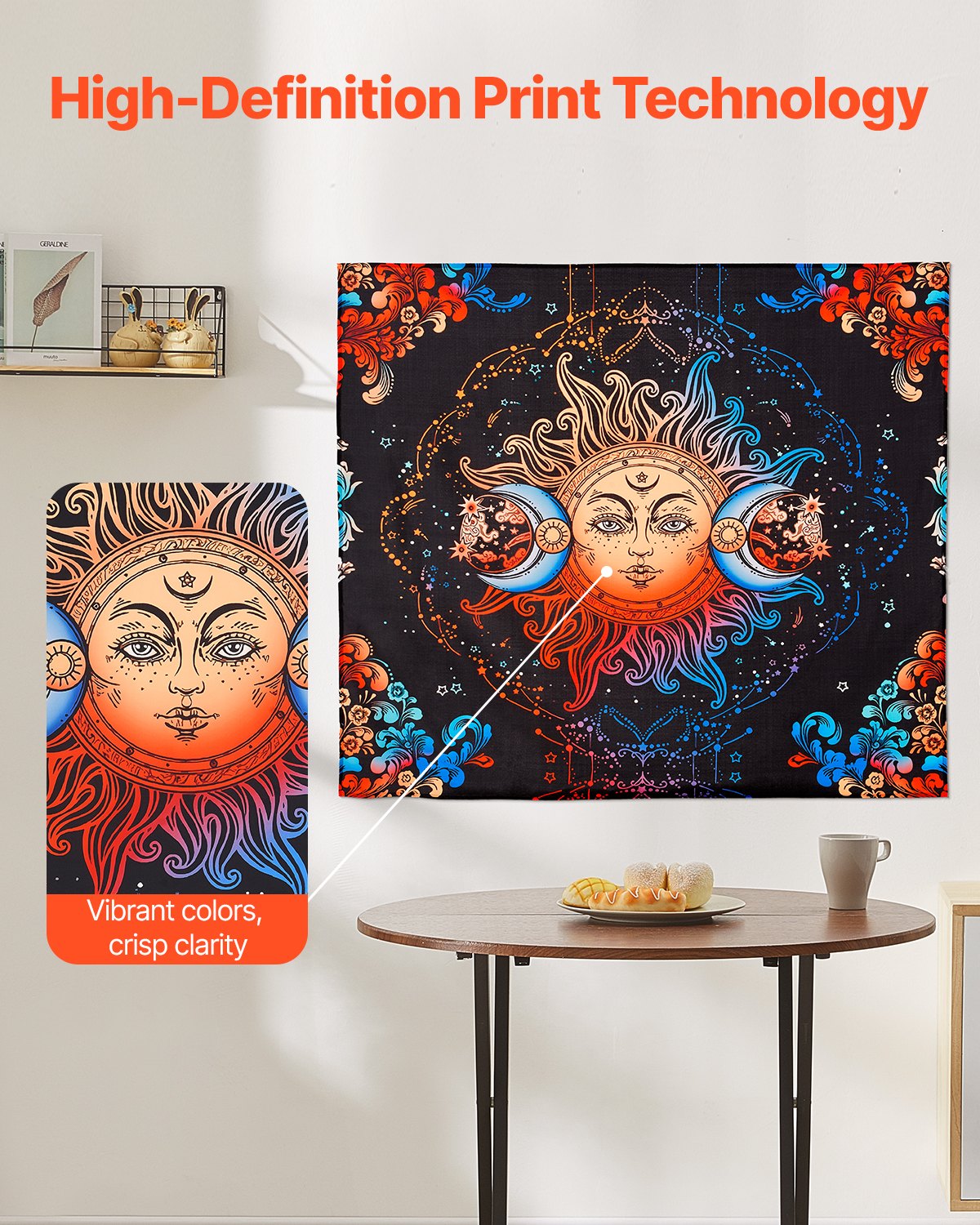 Sun and Moon Tapestry, Psychedelic Mystic Floral Aesthetic Wall Tapestry, Vintage Wall Blanket for Home Decoration, Suitable for Bedroom, Living Room, Dorm (50.39 x 57.87 inches)
