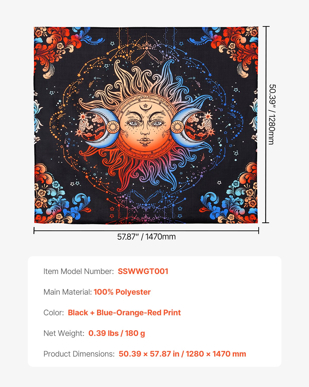 Sun and Moon Tapestry, Psychedelic Mystic Floral Aesthetic Wall Tapestry, Vintage Wall Blanket for Home Decoration, Suitable for Bedroom, Living Room, Dorm (50.39 x 57.87 inches)