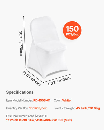 150 Pcs White Chair Covers, Polyester Spandex Chair Cover, Stretch Slipcovers for Wedding Party Dining Banquet Flat-Front Chair Covers, Fits Chair Measures up to 17.72 x 18.11 x 30.31 inch