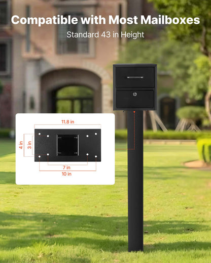 Mailbox Post, 43 x 4 x 4 Inches, Steel In-Ground Mounting Mail Box Stand with Universal Plate Bracket, Heavy Duty Metal Post Sleeve Kit for Outside Curbside Residential Use, Powder Coated Black