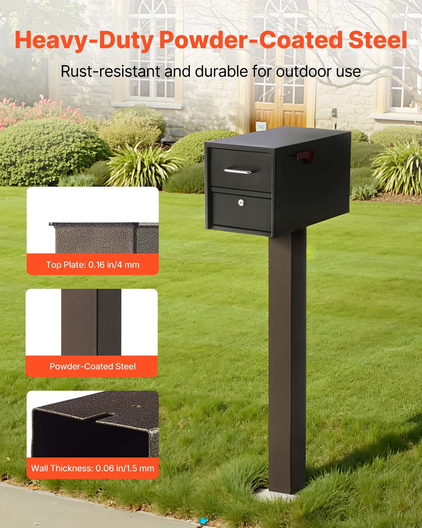 Mailbox Post, 43 x 4 x 4 Inches, Steel In-Ground Mounting Mail Box Stand with Powder Coating Surface, Heavy Duty Metal Post Sleeve Kit for Outside Curbside Residential Use, Easy Install, Bronze