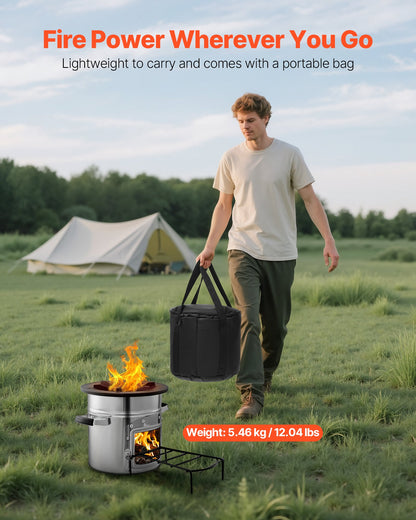 Camping Rocket Stove, Wood Burning Portable Rocket Stove with Carrying Bag for Backpacking, Stainless Steel, Single Door, Burn Wood, Twigs or Sticks for Outdoor Cooking, Backyard, Camp Cooking