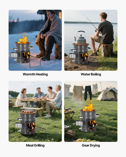 Camping Rocket Stove, Wood Burning Portable Rocket Stove with Carrying Bag for Backpacking, SPCC Steel, Double Door, Burn Twigs, Sticks or Charcoals for Outdoor Cooking, Backyard, Camp Cooking