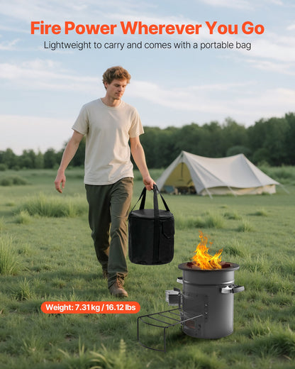 Camping Rocket Stove, Wood Burning Portable Rocket Stove with Carrying Bag for Backpacking, SPCC Steel, Double Door, Burn Twigs, Sticks or Charcoals for Outdoor Cooking, Backyard, Camp Cooking