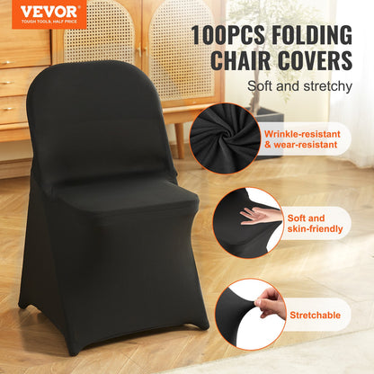 Stretch Spandex Folding Chair Covers, Universal Fitted Chair Cover, Removable Washable Protective Slipcovers, for Wedding, Holiday, Banquet, Party, Celebration, Dining (100PCS Black)