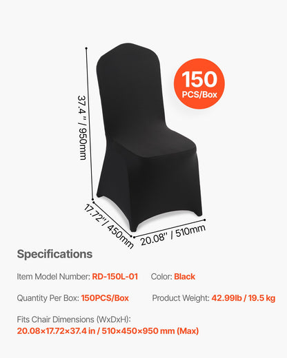 150 Pcs Black Chair Covers, Polyester Spandex Chair Cover, Stretch Slipcovers for Wedding Party Dining Banquet Flat-Front Chair Covers, Fits Chair Measures up to 20.08 x 17.72 x 37.4 inch