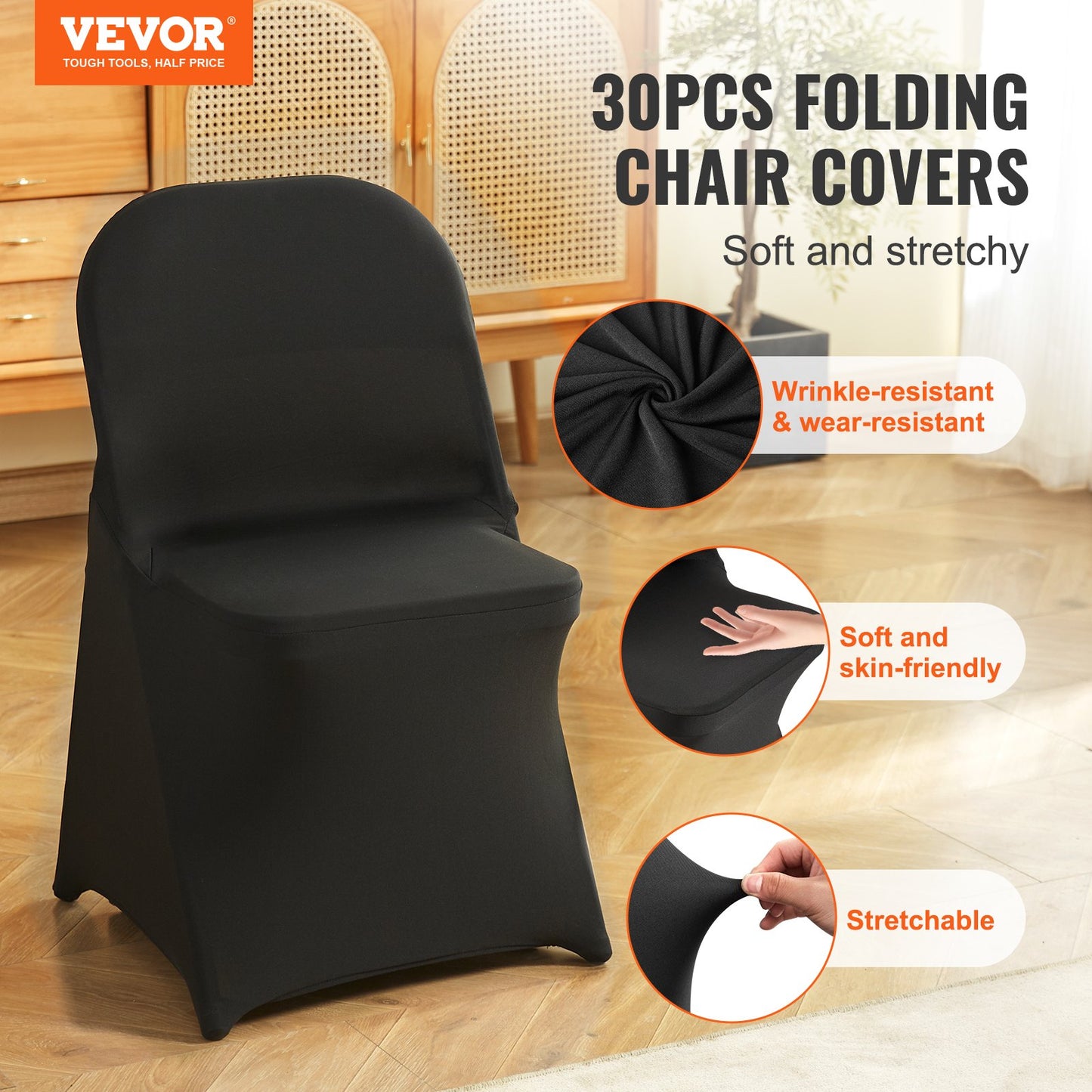 Stretch Spandex Folding Chair Covers, Universal Fitted Chair Cover, Removable Washable Protective Slipcovers, for Wedding, Holiday, Banquet, Party, Celebration, Dining (30PCS Black)