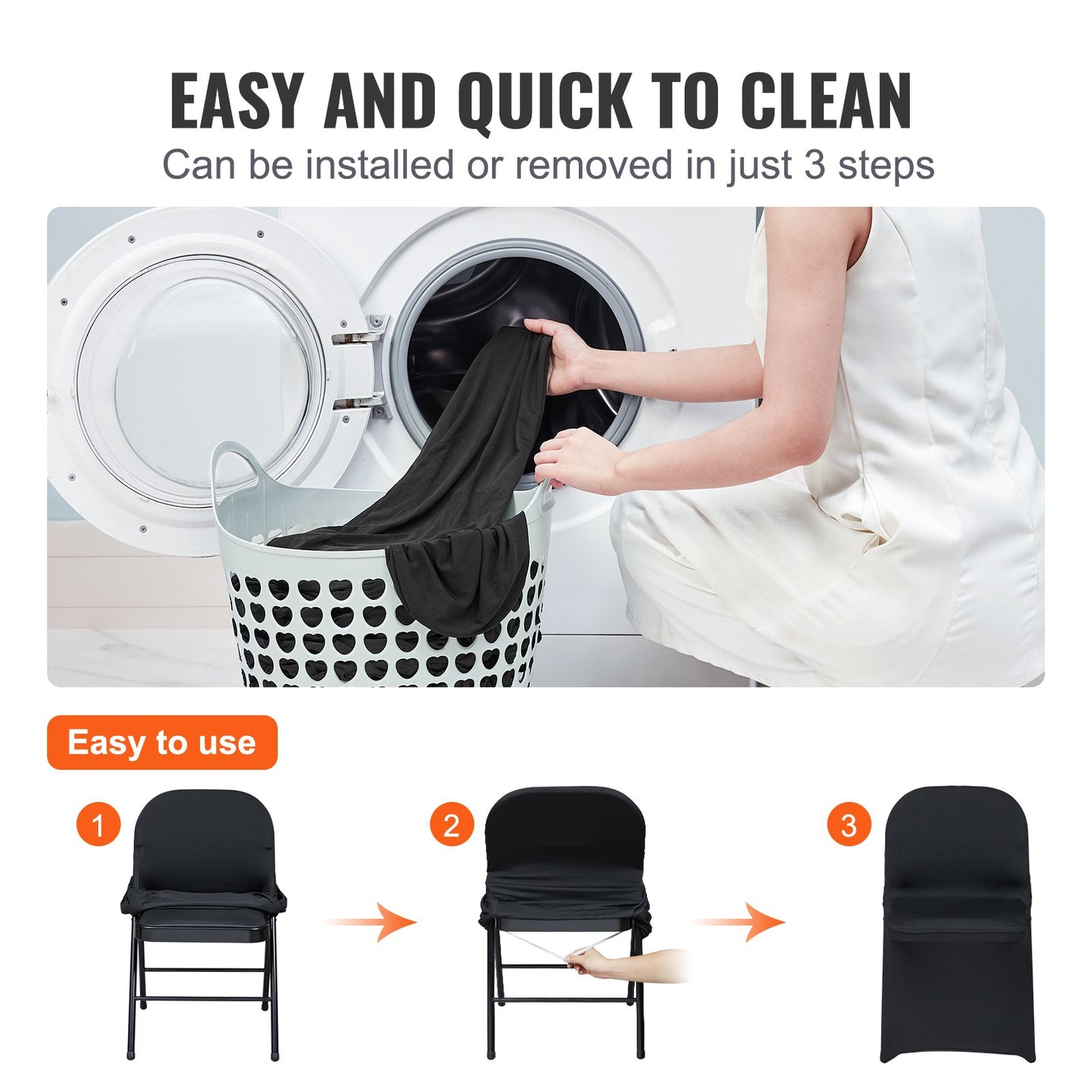 Stretch Spandex Folding Chair Covers, Universal Fitted Chair Cover, Removable Washable Protective Slipcovers, for Wedding, Holiday, Banquet, Party, Celebration, Dining (50PCS Black)