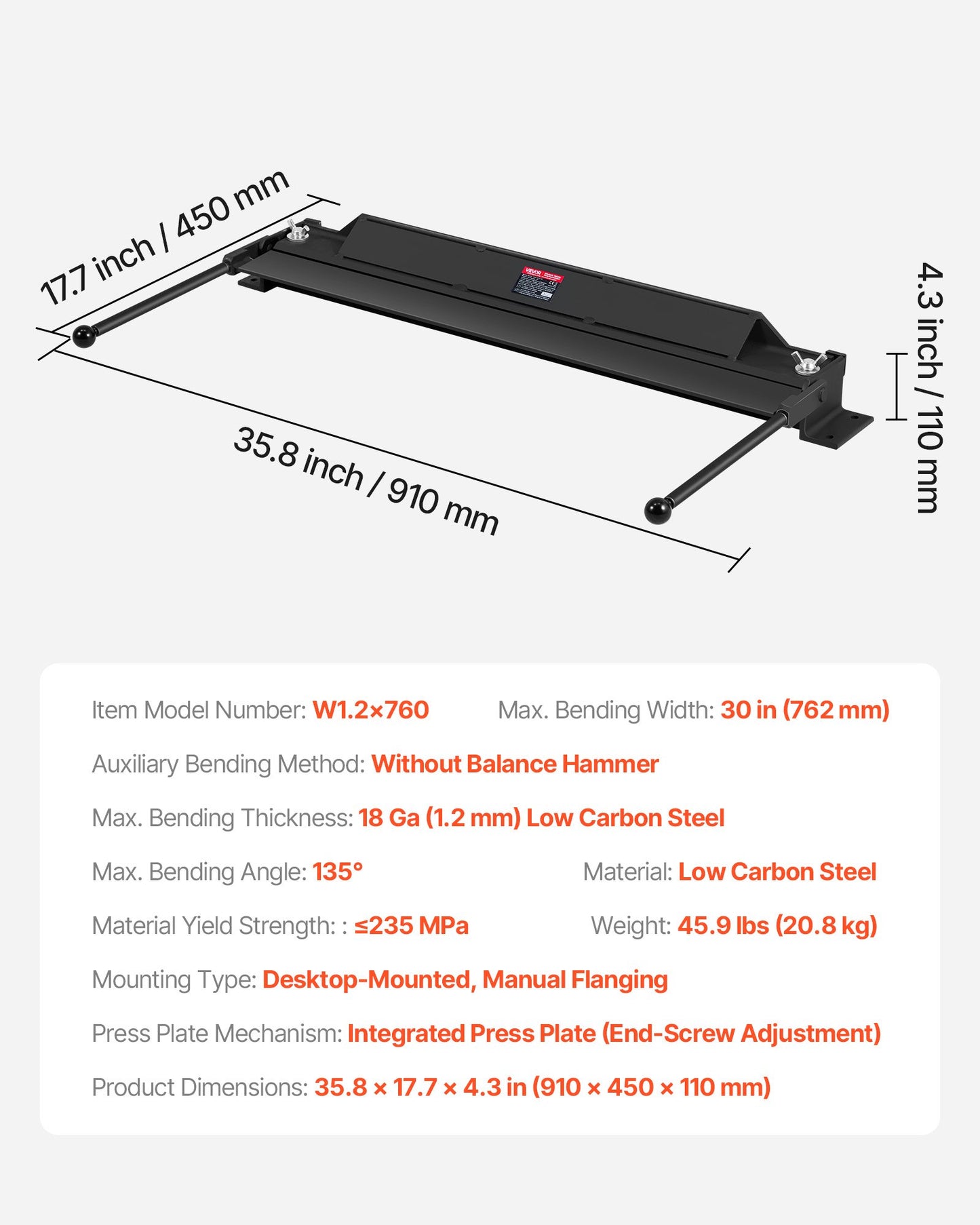 Box and Pan Brake, 30 in Sheet Metal Bending Brake, 18-Gauge Capacity, 0-135 Degree Adjustable, Metal Bender Machine, No Wobbling, Heavy-Duty Aluminum Folder for Precise Batch Bending