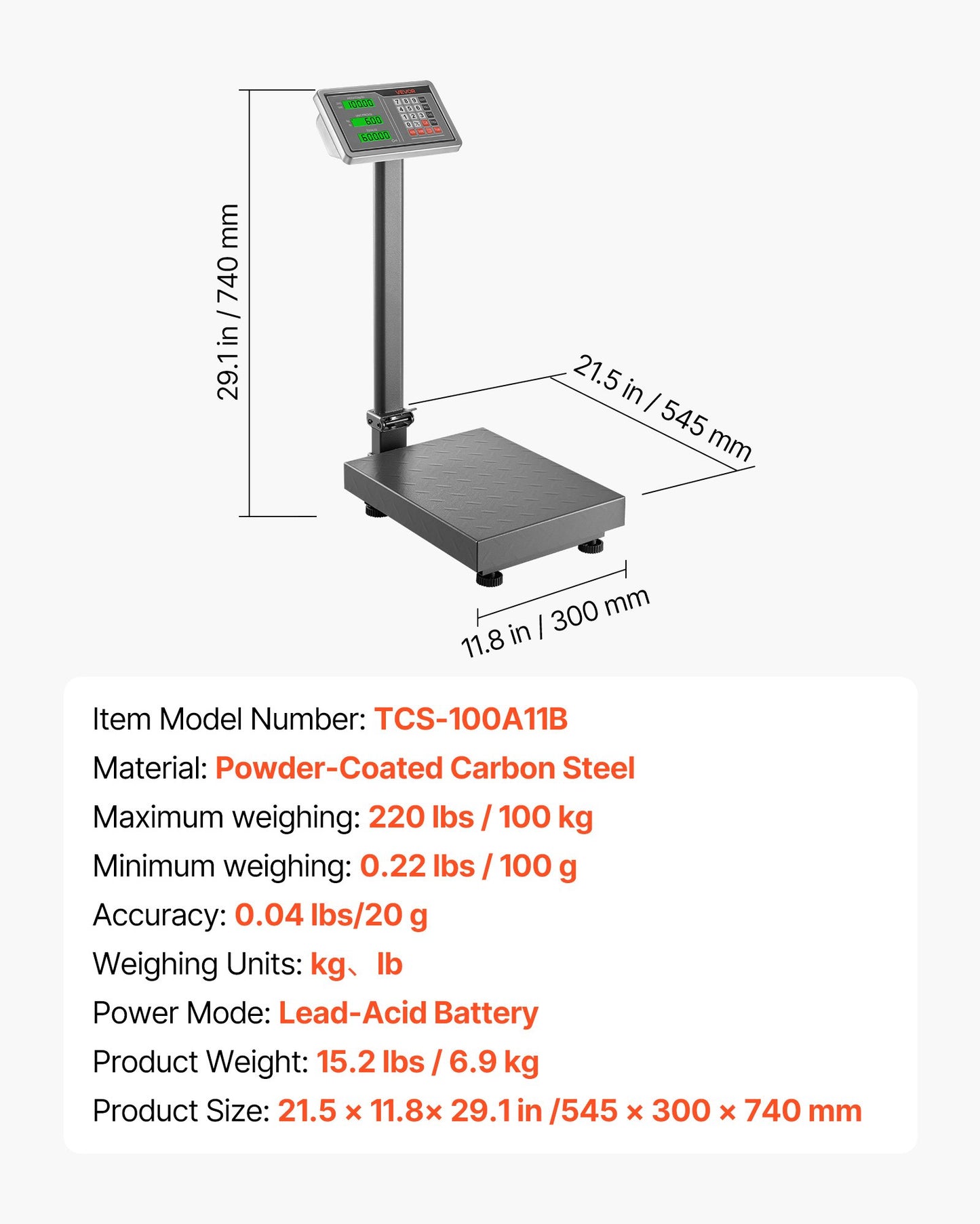 Computing Digital Platform Scale, 220 lbs Load, 0.04 lbs Accuracy, Electronic Floor Scale with LB/KG, Tare, Price Calculator, AC/DC Power Supply, Fit for Luggage, Shipping, Packages, Postage