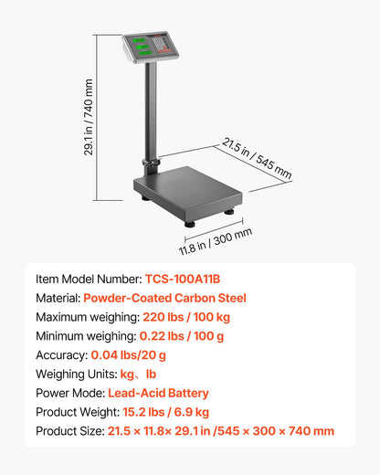 Computing Digital Platform Scale, 220 lbs Load, 0.04 lbs Accuracy, Electronic Floor Scale with LB/KG, Tare, Price Calculator, AC/DC Power Supply, Fit for Luggage, Shipping, Packages, Postage