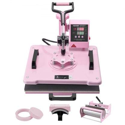 Heat Press Machine, 12 x 15 inch, 5 in 1 Heat Transfer Machine with 30 oz Tumbler Press, 360° Swing Away T-Shirt Pressing, Digital Precise Control, for T-Shirts/Mugs/Hats/Plates, Pink