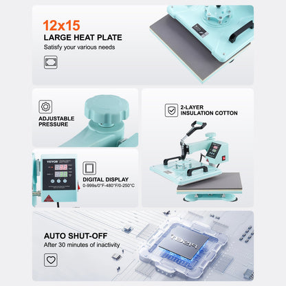 Wärmepresse 12x15 Zoll 5 in 1 mit 30oz Tumbler Presse T-Shirts Grün
