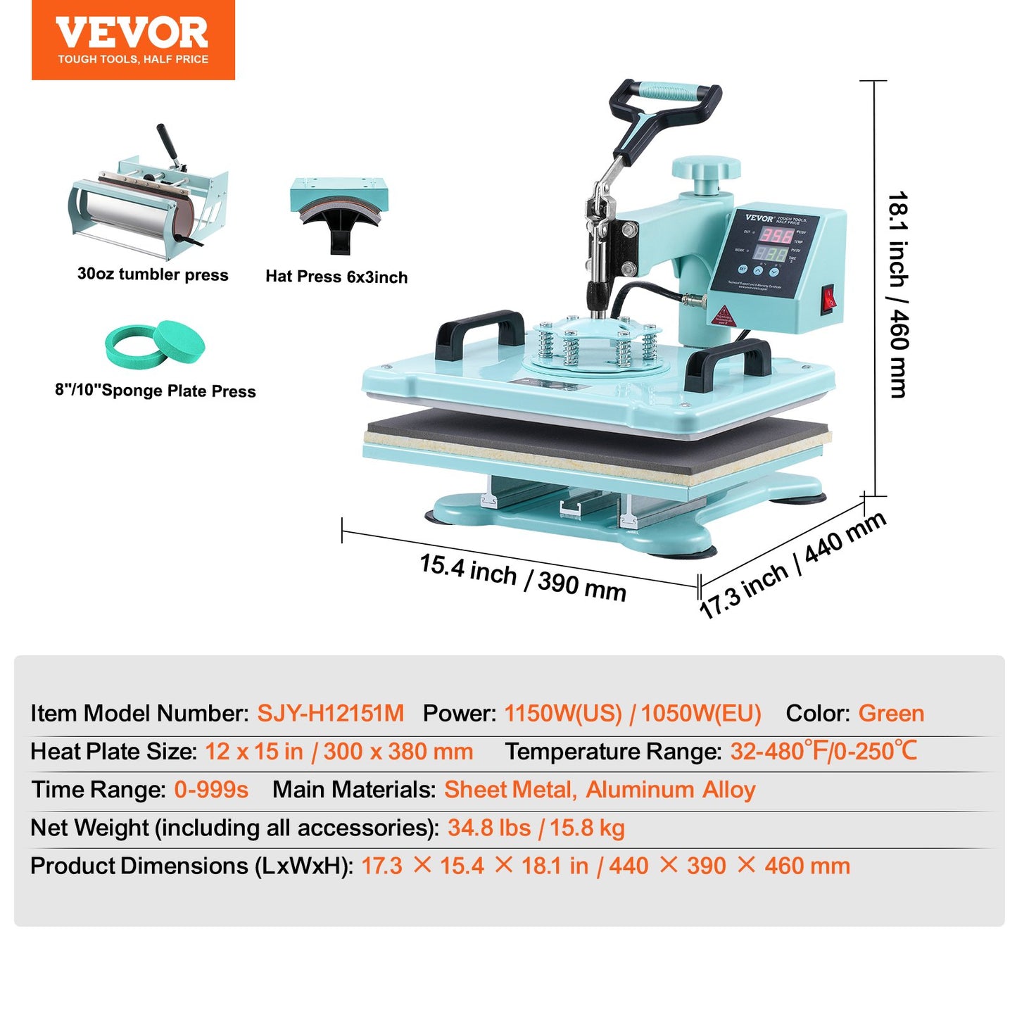 Wärmepresse 12x15 Zoll 5 in 1 mit 30oz Tumbler Presse T-Shirts Grün