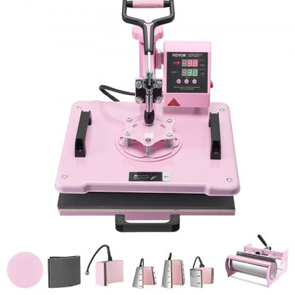 Heat Press Machine, 12 x 15 inch, 8 in 1 Heat Transfer Machine with 6-30 oz Tumbler Press, 360° Swing Away T-Shirt Pressing, Digital Precise Control, for T-Shirts/Mugs/Hats/Plates, Pink