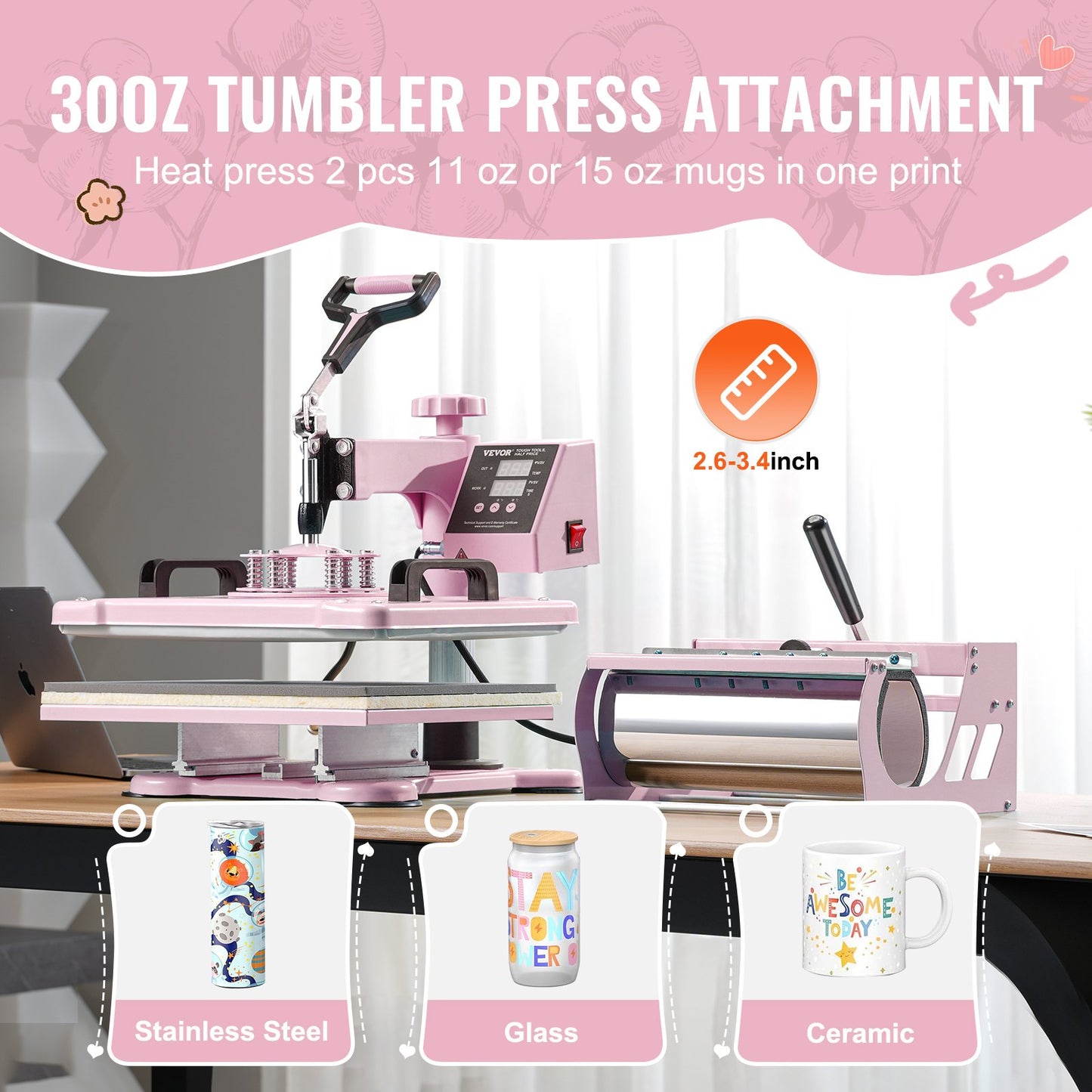 Heat Press Machine 12x15 i 8 i 1 med 30oz Tumbler Press T-shirts Rosa