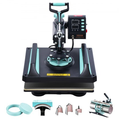 Heat Press Machine, 12 x 15 inch, 8 in 1 Heat Transfer Machine with 30 oz Tumbler Press, 360° Swing Away Digital T-Shirt Pressing, Teflon Coating, for T-Shirts/Mugs/Hats/Plates, Black+Green