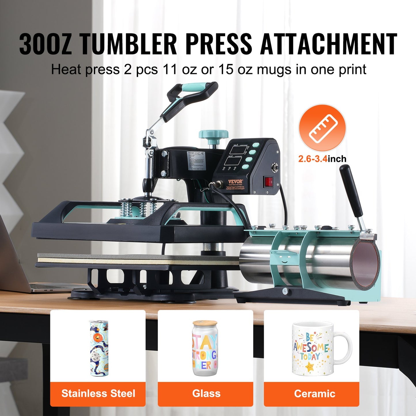Heat Press Machine, 12 x 15 inch, 8 in 1 Heat Transfer Machine with 30 oz Tumbler Press, 360° Swing Away Digital T-Shirt Pressing, Teflon Coating, for T-Shirts/Mugs/Hats/Plates, Black+Green