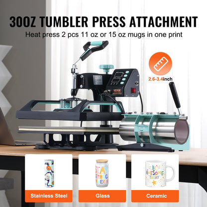 Heat Press Machine, 12 x 15 inch, 8 in 1 Heat Transfer Machine with 30 oz Tumbler Press, 360° Swing Away Digital T-Shirt Pressing, Teflon Coating, for T-Shirts/Mugs/Hats/Plates, Black+Green