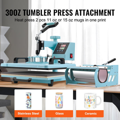 Heat Press Machine, 12 x 15 inch, 8 in 1 Heat Transfer Machine with 6-30 oz Tumbler Press, 360° Swing Away T-Shirt Pressing, Digital Precise Control, for T-Shirts/Mugs/Hats/Plates, Green