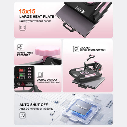 Heat Press Machine, 15 x 15 inch, 5 in 1 Heat Transfer Machine with 30 oz Tumbler Press, 360° Swing Away Digital T-Shirt Pressing Machine, Teflon Coating, for T-Shirts/Mugs/Hats/Plates, Black