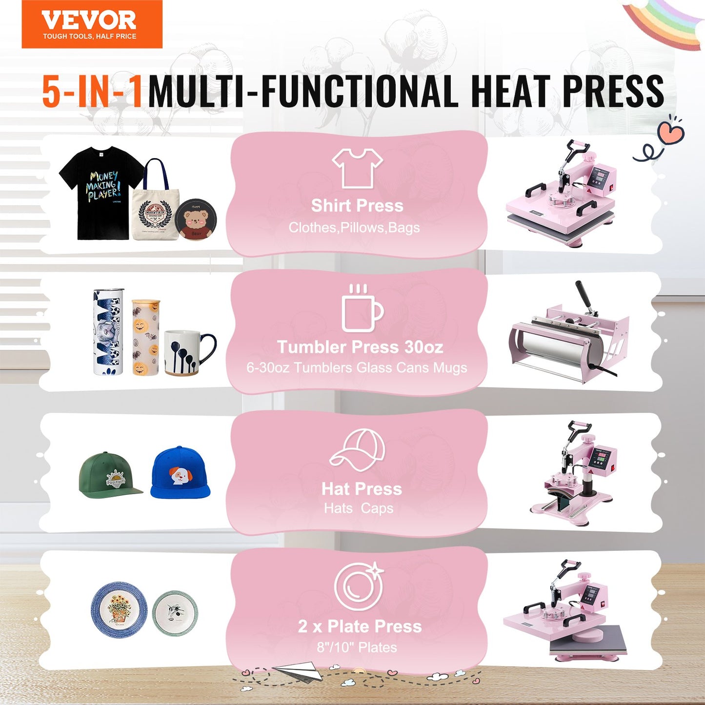 Heat Press Machine 15x15 i 5 i 1 med 30oz Tumbler Press T-shirts Rosa
