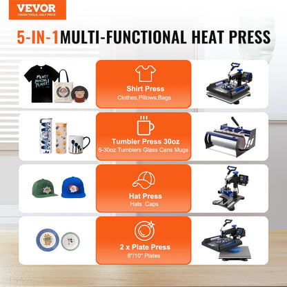 5 in 1 Heat Press Machine 15x15 in 30oz Tumbler Press T-shirts Black+Blue