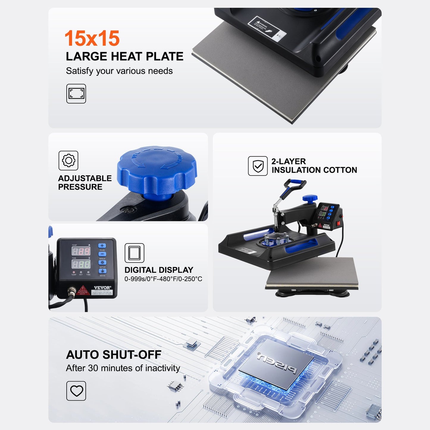 5 in 1 Heat Press Machine 15x15 in 30oz Tumbler Press T-shirts Black+Blue