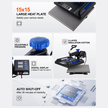 5 in 1 Heat Press Machine 15x15 in 30oz Tumbler Press T-shirts Black+Blue