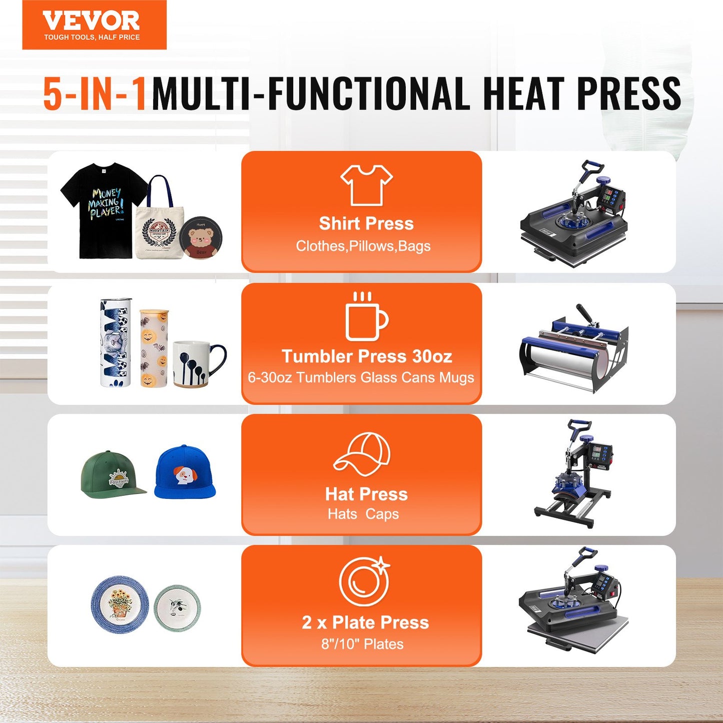 Heat Press Machine, 15 x 15 inch, 8 in 1 Heat Transfer Machine with 30 oz Tumbler Press, 360° Swing Away Digital T-Shirt Pressing, Teflon Coating, for T-Shirts/Mugs/Hats/Plates, Black+Blue