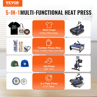 Heat Press Machine, 15 x 15 inch, 8 in 1 Heat Transfer Machine with 30 oz Tumbler Press, 360° Swing Away Digital T-Shirt Pressing, Teflon Coating, for T-Shirts/Mugs/Hats/Plates, Black+Blue