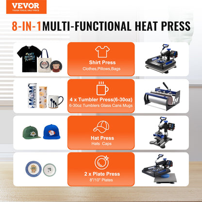 8 in 1 Heat Press Machine 15x15 in 30oz Tumbler Press T-shirts Black+Blue