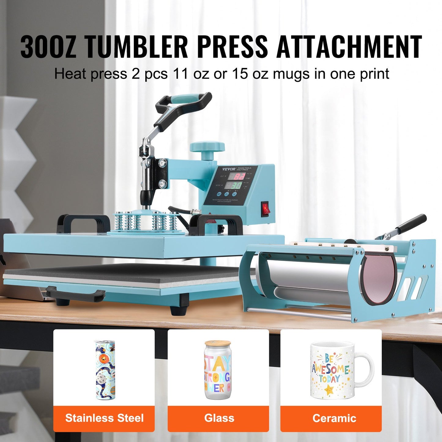 Heat Press Machine, 15 x 15 inch, 8 in 1 Heat Transfer Machine with 6-30 oz Tumbler Press, 360° Swing Away T-Shirt Pressing, Digital Precise Control, for T-Shirts/Mugs/Hats/Plates, Green