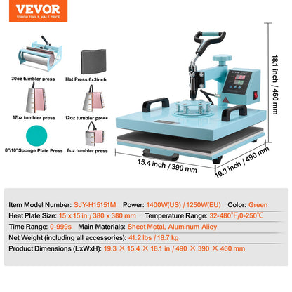 Heat Press Machine, 15 x 15 inch, 8 in 1 Heat Transfer Machine with 6-30 oz Tumbler Press, 360° Swing Away T-Shirt Pressing, Digital Precise Control, for T-Shirts/Mugs/Hats/Plates, Green
