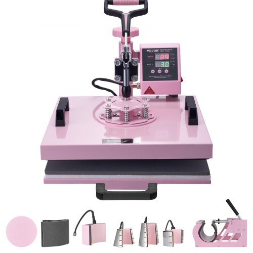 Heat Press Machine, 15 x 15 inch, 8 in 1 Heat Transfer Machine with 6-30 oz Tumbler Press, 360° Swing Away T-Shirt Pressing, Digital Precise Control, for T-Shirts/Mugs/Hats/Plates, Pink
