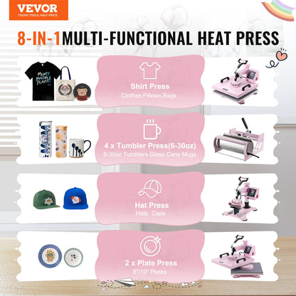 Heat Press Machine 15x15 in 8 in 1 with 30oz Tumbler Press T-shirts Pink