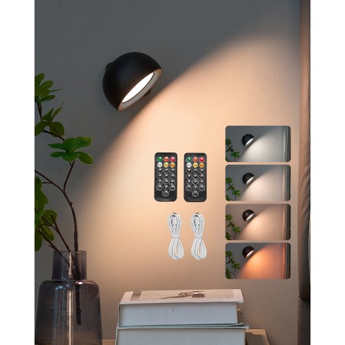 2PCS LED Wall Sconces, Rechargeable Battery Operated Wall Sconces Lamps with Remote Control, 360° Rotation Dimmable Wireless Wall Lights with Adjustable Color Temps, Brightness & 4-Level Timer