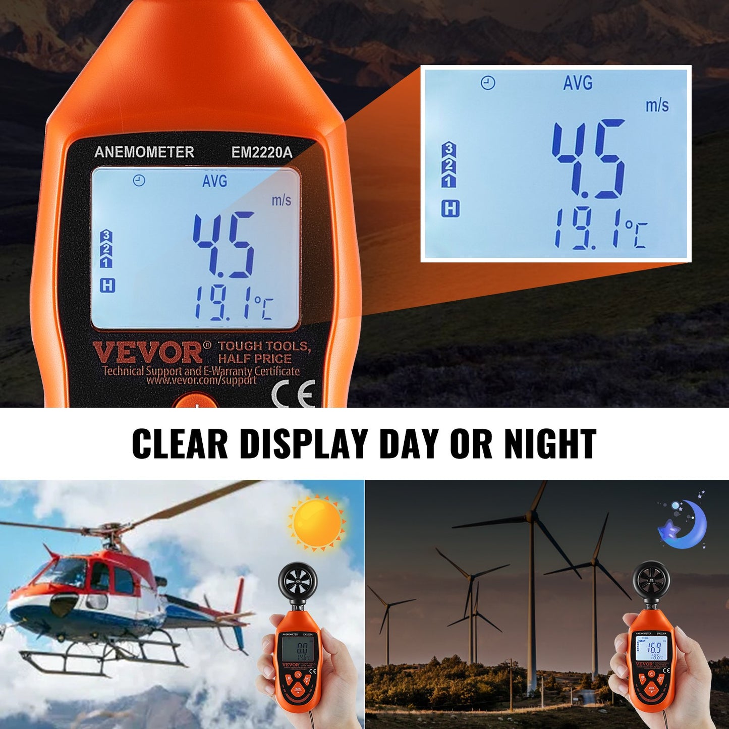 Handhållen anemometer, 14℉-113℉, Digital vindhastighetsmätare med LED-bakgrundsbelysningsskärm, Mäter vindhastighet Vindtemperatur Luftflöde Vindavkylning, för segling Surfing Drone Flygande HVAC