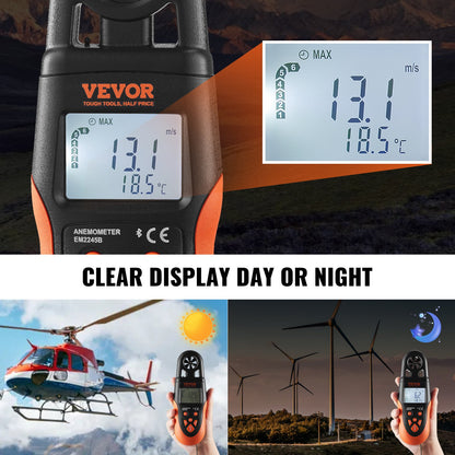 Bluetooth-Handanemometer, 14℉-140℉, digitales Windgeschwindigkeitsmessgerät mit LED-Hintergrundbeleuchtung, misst Windgeschwindigkeit, Windtemperatur, Luftstrom, Windkühlung, zum Surfen, Drohnenfliegen, HVAC
