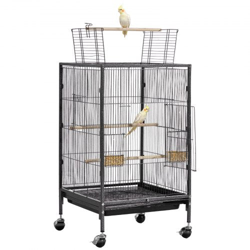 Bird Cage, 18 x 18 x 30 inch, Open Flat Top, Wrought Iron Bird Flight Cage with Perches, Slide-Out Tray and Plastic Feeders, Casters, for Parrot, Blue Tit, Cockatiel, Canary, Budgerigar, Conure