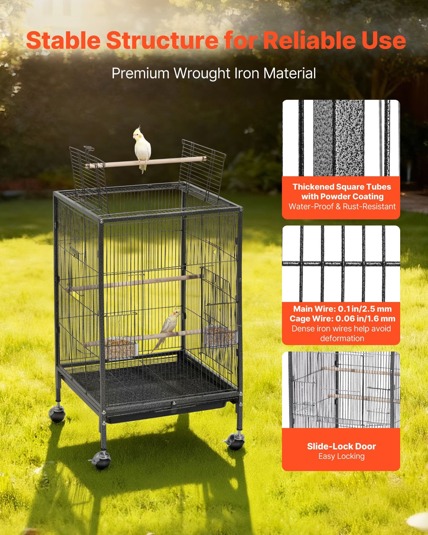 Bird Cage, 18 x 18 x 30 inch, Open Flat Top, Wrought Iron Bird Flight Cage with Perches, Slide-Out Tray and Plastic Feeders, Casters, for Parrot, Blue Tit, Cockatiel, Canary, Budgerigar, Conure