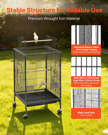 Bird Cage, 18 x 18 x 30 inch, Open Flat Top, Wrought Iron Bird Flight Cage with Perches, Slide-Out Tray and Plastic Feeders, Casters, for Parrot, Blue Tit, Cockatiel, Canary, Budgerigar, Conure