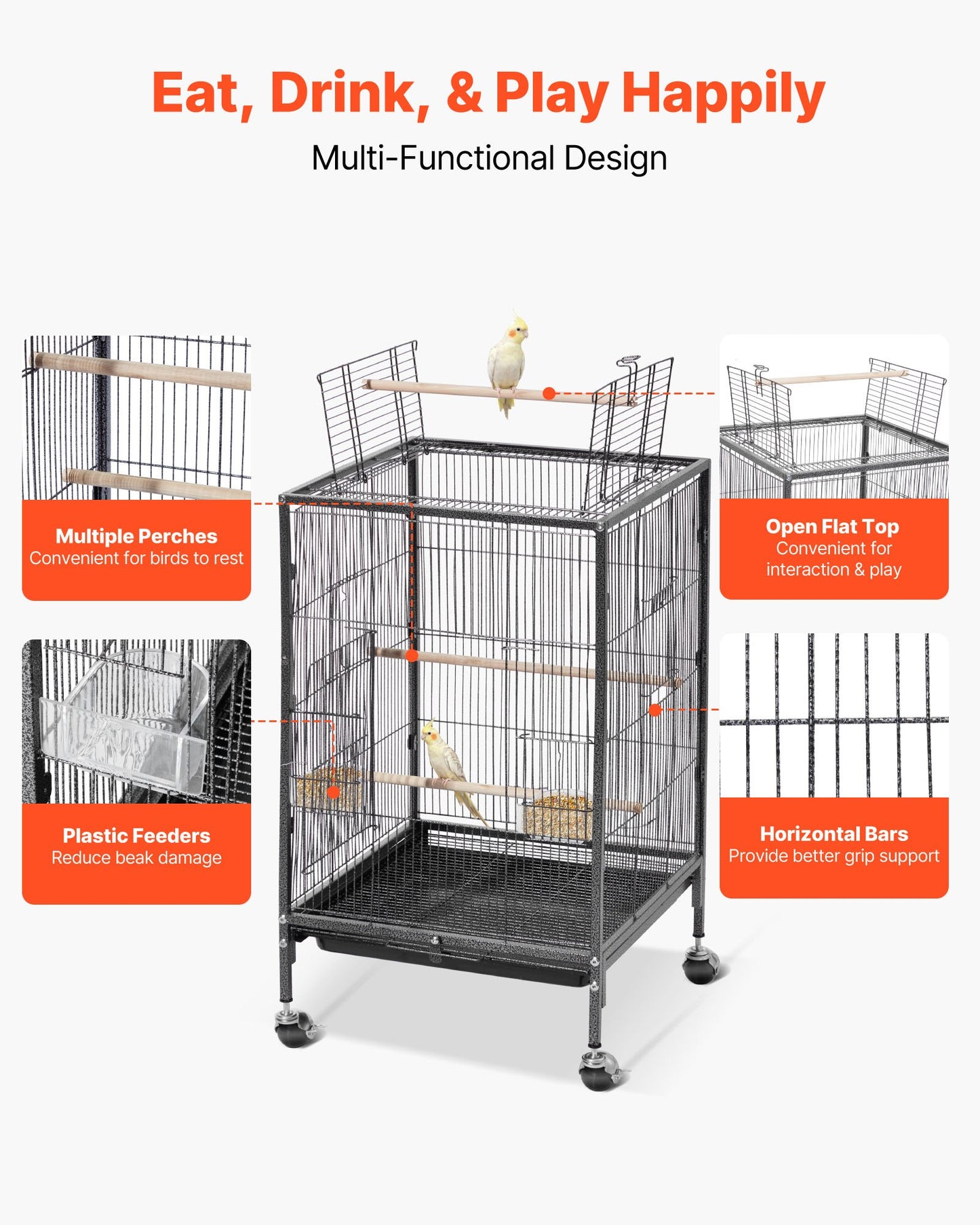Bird Cage, 18 x 18 x 30 inch, Open Flat Top, Wrought Iron Bird Flight Cage with Perches, Slide-Out Tray and Plastic Feeders, Casters, for Parrot, Blue Tit, Cockatiel, Canary, Budgerigar, Conure