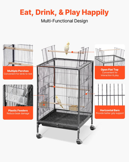 Bird Cage, 18 x 18 x 30 inch, Open Flat Top, Wrought Iron Bird Flight Cage with Perches, Slide-Out Tray and Plastic Feeders, Casters, for Parrot, Blue Tit, Cockatiel, Canary, Budgerigar, Conure