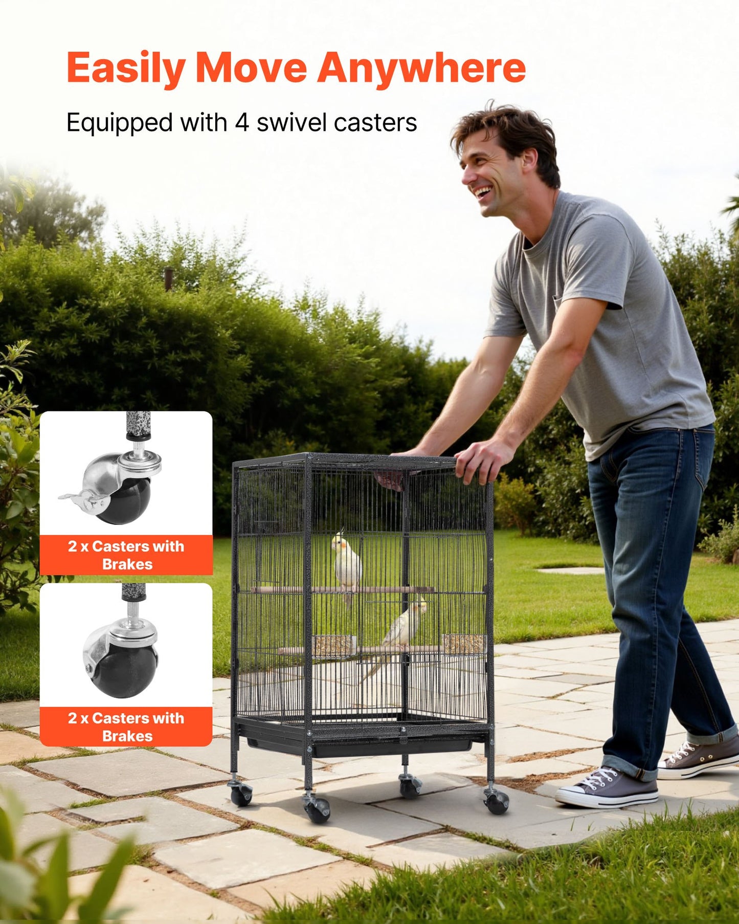 Bird Cage, 18 x 18 x 30 inch, Open Flat Top, Wrought Iron Bird Flight Cage with Perches, Slide-Out Tray and Plastic Feeders, Casters, for Parrot, Blue Tit, Cockatiel, Canary, Budgerigar, Conure