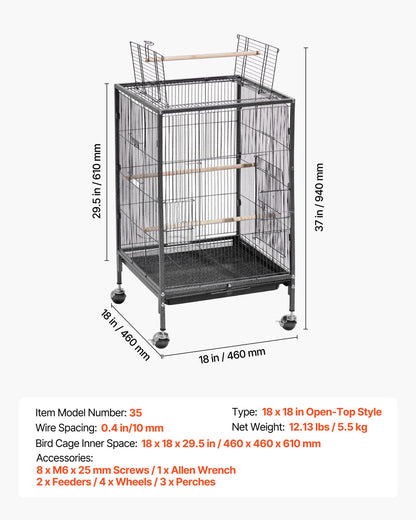 Bird Cage, 18 x 18 x 30 inch, Open Flat Top, Wrought Iron Bird Flight Cage with Perches, Slide-Out Tray and Plastic Feeders, Casters, for Parrot, Blue Tit, Cockatiel, Canary, Budgerigar, Conure